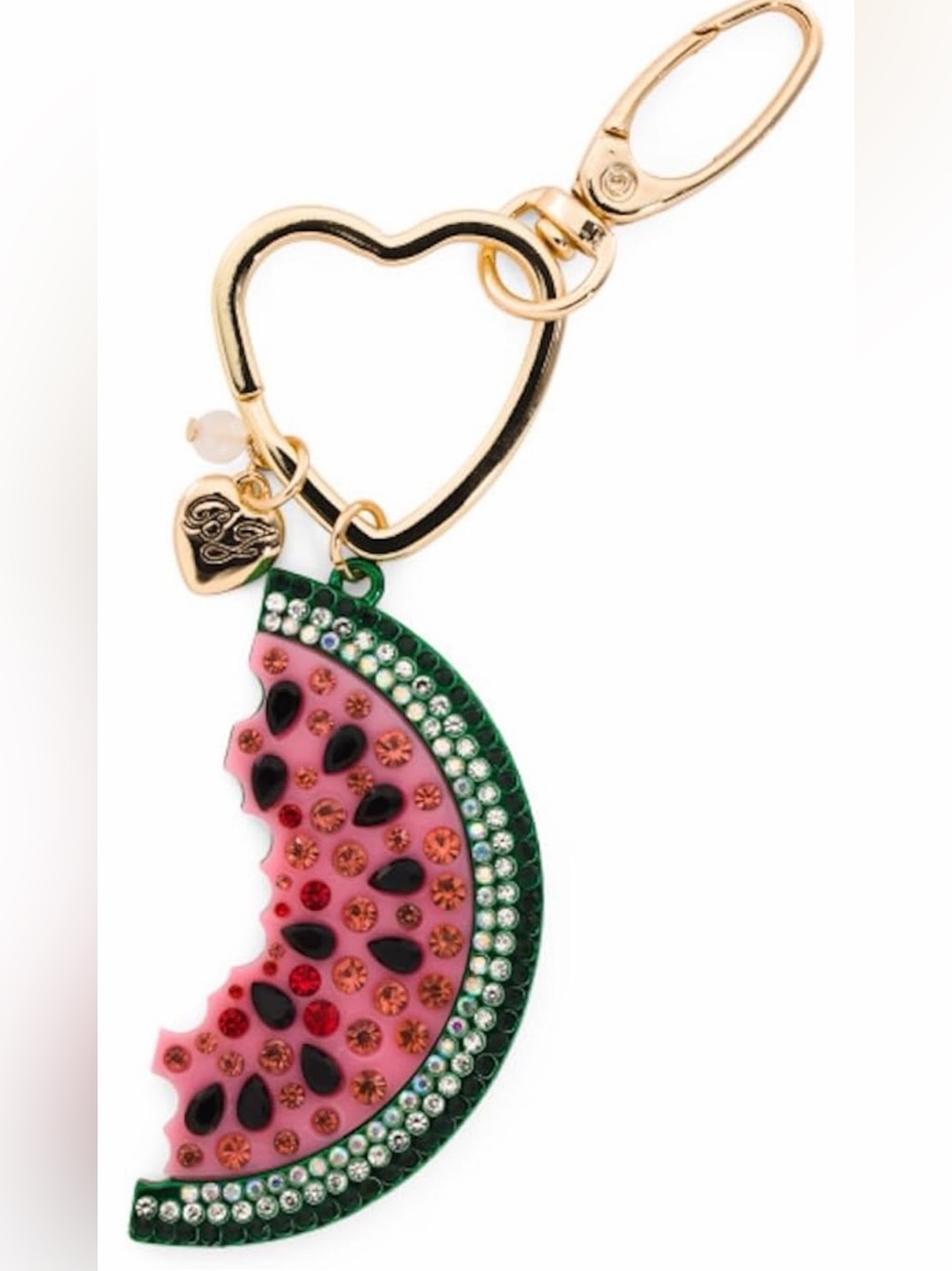 NIB Betsey Johnson Crystal Watermelon Key Fob 5-inch Bag Charm Gold Tone